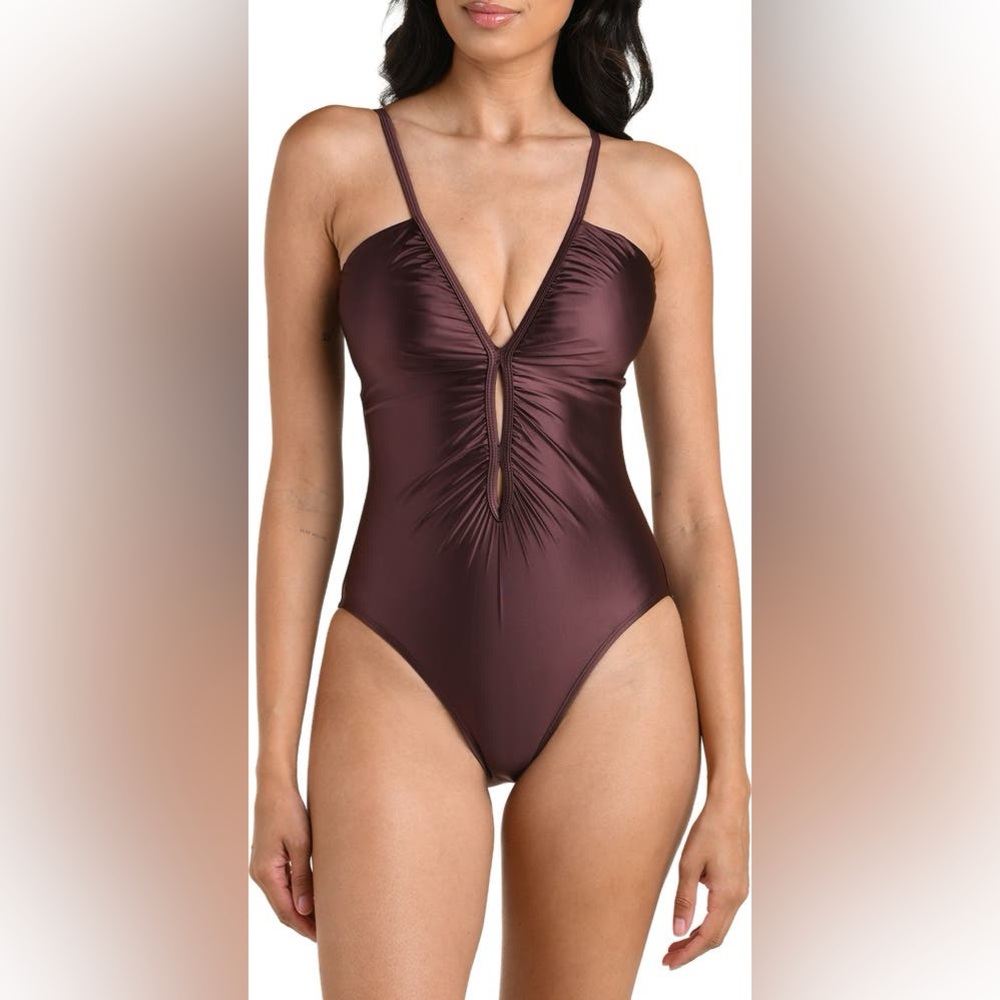 La Blanca Earth Goddess Lace-Up One-Piece Swimsuit Truffle Brown Size 6 NWOT